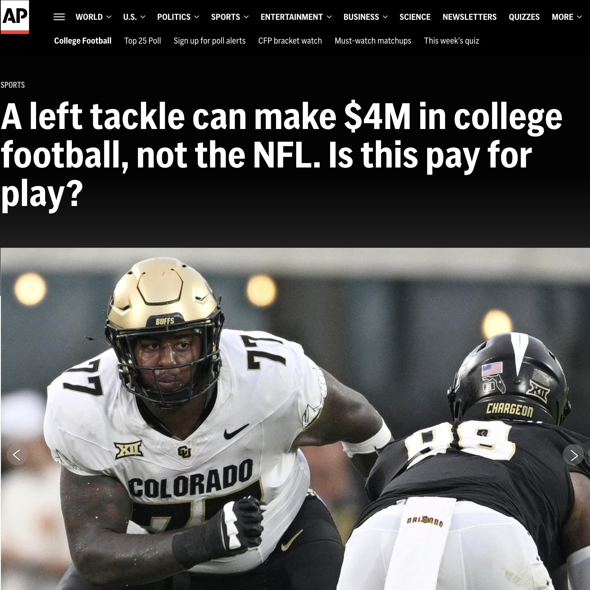 Associated Press article page: A left tackle can make $4M in college football, not the NFL