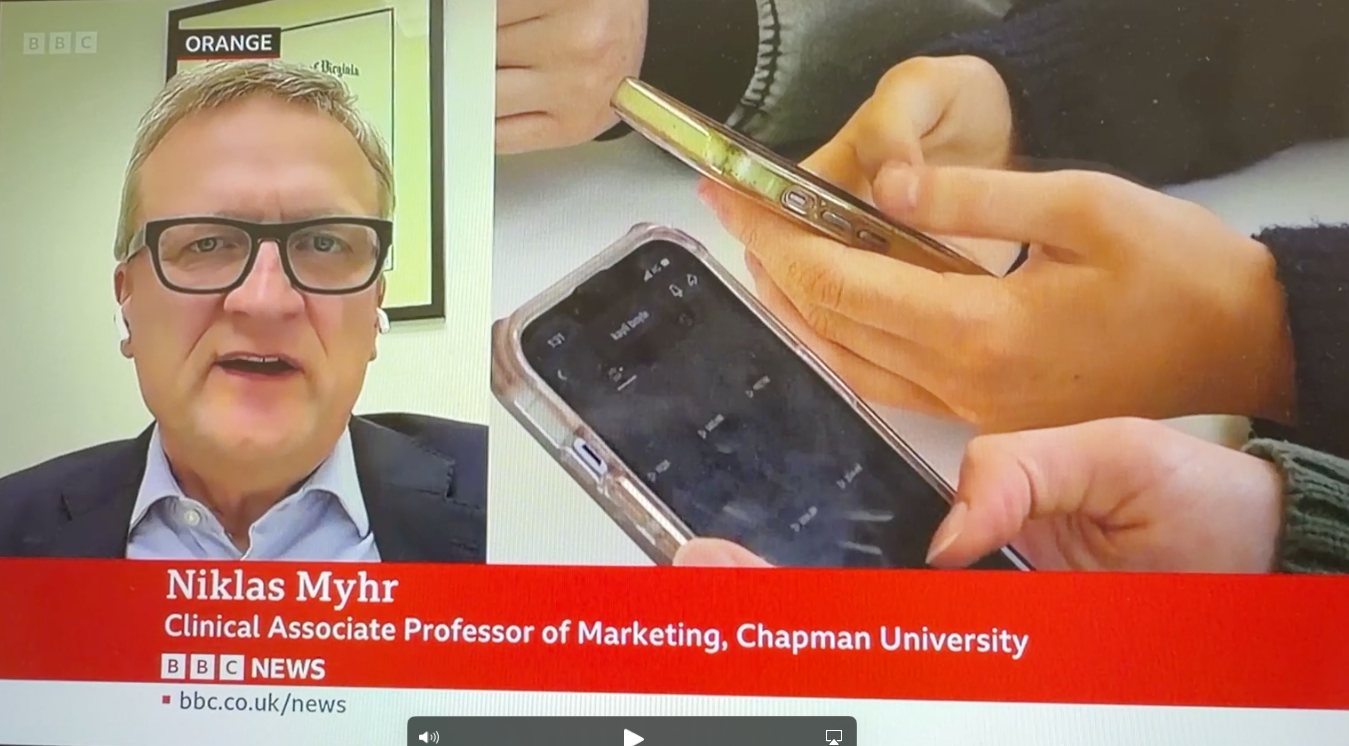 BBC News lower third: Niklas Myhr, Clinical Associate Professor of Marketing, Chapman University