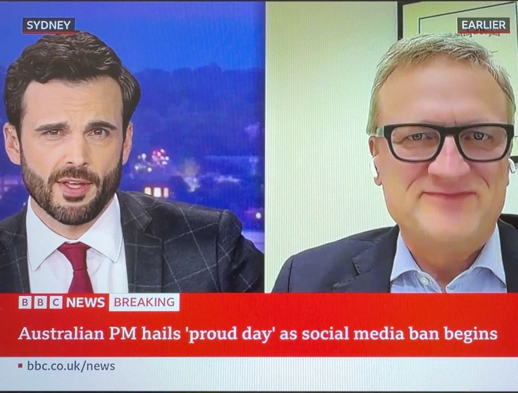 BBC News split screen: the Sydney anchor on the left, Niklas live from his office on the right