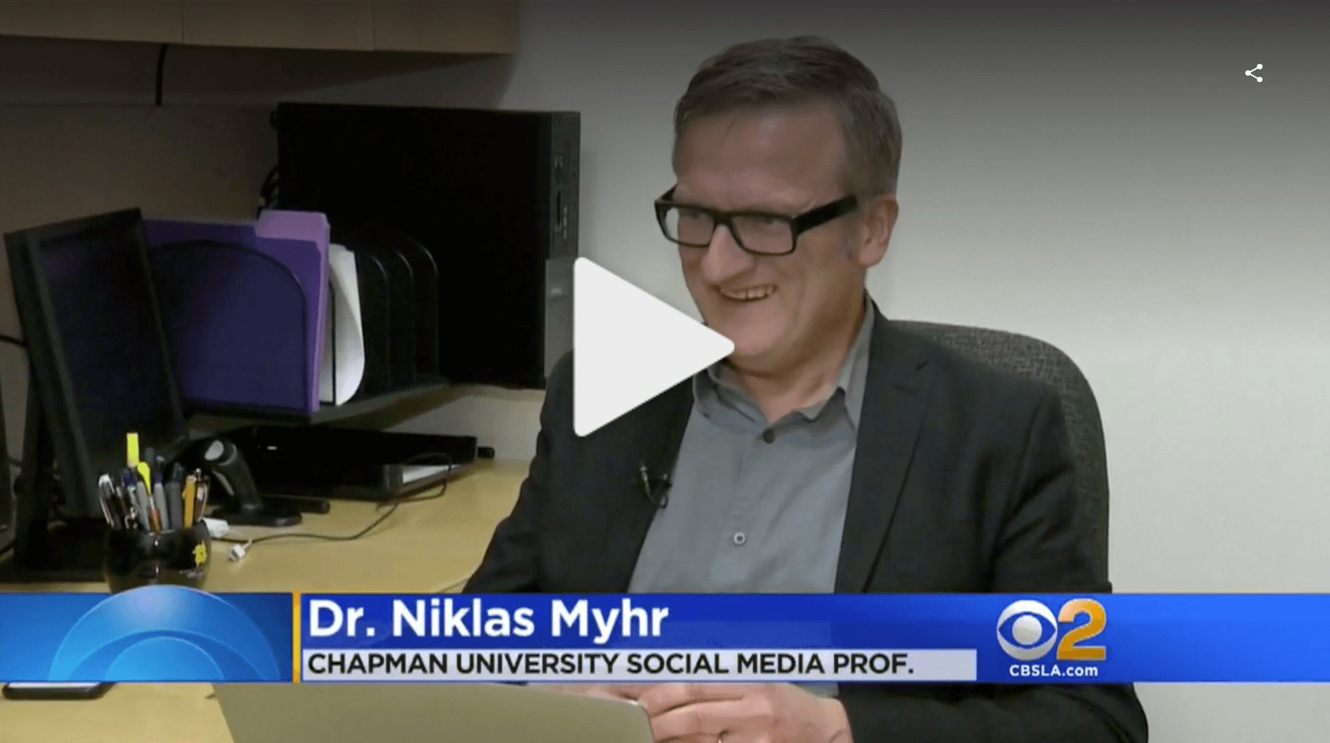 CBS2 on-air lower third: Dr. Niklas Myhr, Chapman University Social Media Prof.