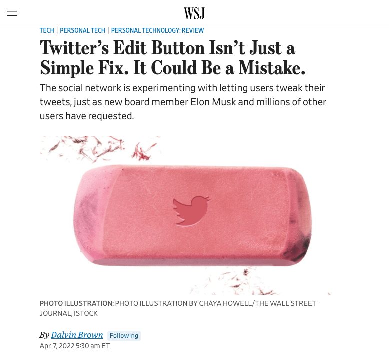 Wall Street Journal article header about Twitter’s edit button